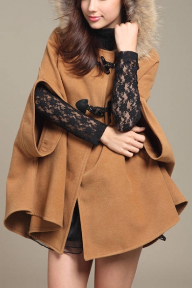 Winter's Fashion Fur Hooded Half Sleeve Double Buttons Cape Coat