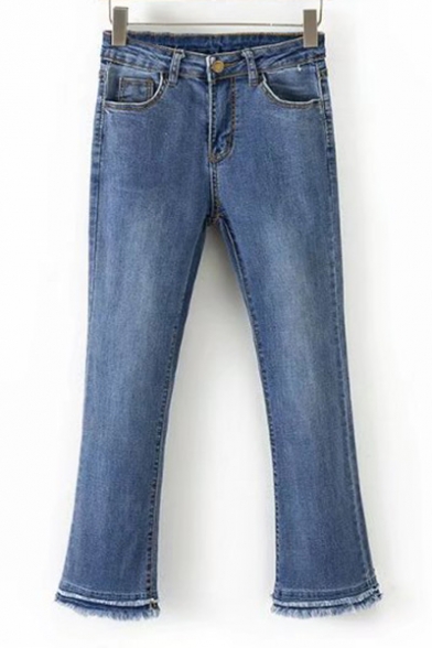 Basic Simple Plain Fashion Fringe Hem Flared Jeans