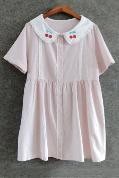 Cherry Embroidered Collar Short Sleeve Buttons Down Mini Smock Dress