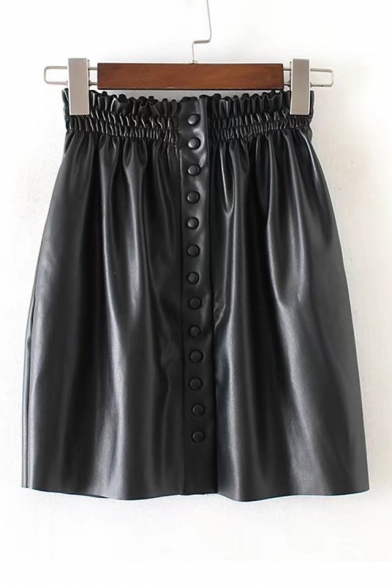 Chic Buttons Down Elastic Waist Mini Plain A-Line Leather Skirt