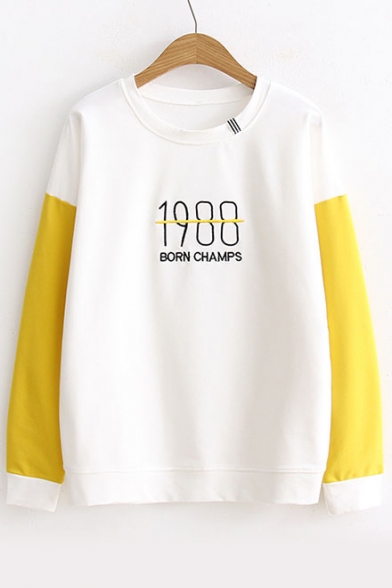 Chic Color Block Letter Pattern Long Sleeve Round Neck Pullover T-Shirt