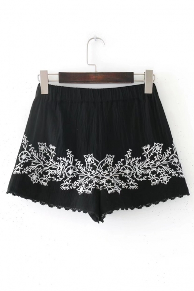 Chic Floral Embroidery Elastic Tassel Drawstring Waist Culottes Loose Shorts