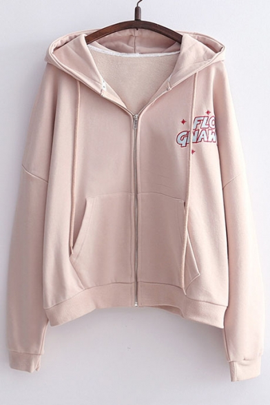 Chic Letter Embroidered Hooded Long Sleeve Zip Up Coat with Pockets