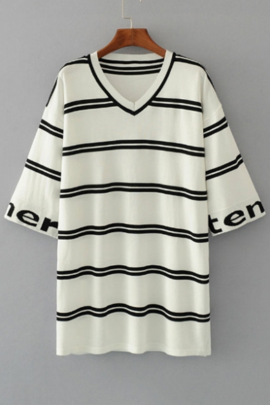Classic Striped Printed V Neck Half Sleeve Mini Casual Knit Dress