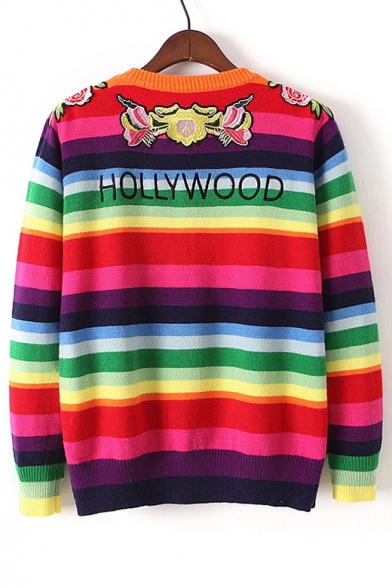 Color Block Striped Embroidery Tiger Pattern Long Sleeve Pullover Sweater