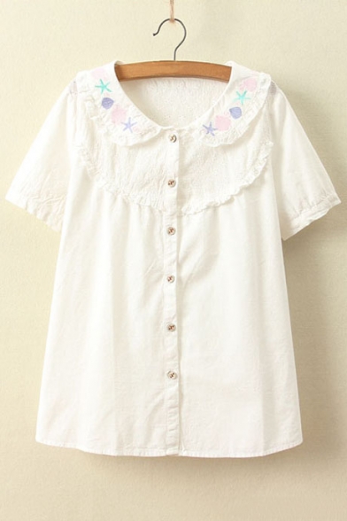 Cute Peter Pan Collar Short Sleeve Embroidery Pattern Button Down Shirt