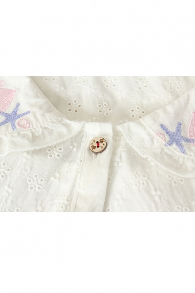 Cute Peter Pan Collar Short Sleeve Embroidery Pattern Button Down Shirt