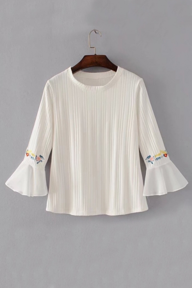 Embroidery Floral Long Sleeve Chiffon Patchwork Round Neck Pullover Sweater
