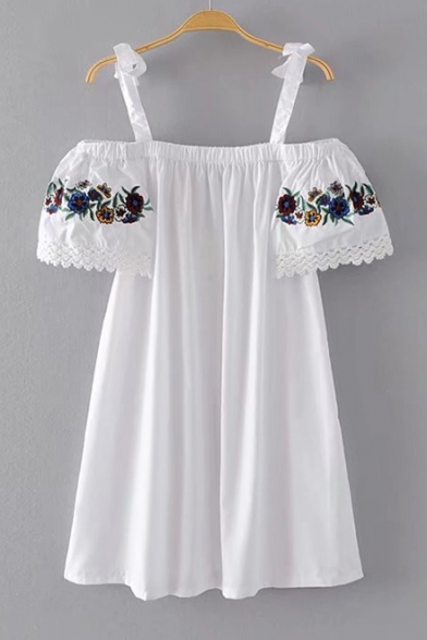 Fashion Cold Shoulder Fashion Floral Embroidered Short Sleeve Mini Swing Dress