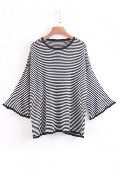 Fashion Flared Sleeve Striped Pattern Round Neck Loose Leisure Sweater