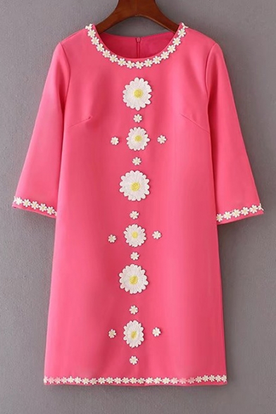 Fashion Floral Embellished Round Neck 3/4 Sleeve Loose Shift Mini T-Shirt Dress
