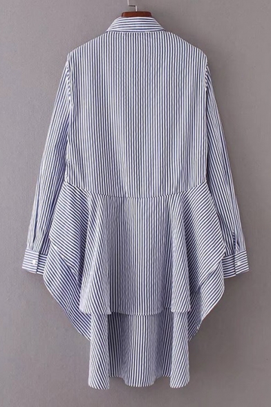 Lapel Collar Long Sleeve Striped Pattern Fashion Swallow-Tailed Shirt