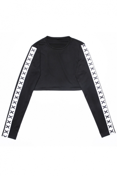 Letter X Pattern Long Sleeve Round Neck Sexy Cropped Pullover Sweatshirt