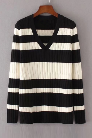 Long Sleeve V Neck Chic Striped Pattern Casual Leisure Pullover Sweater