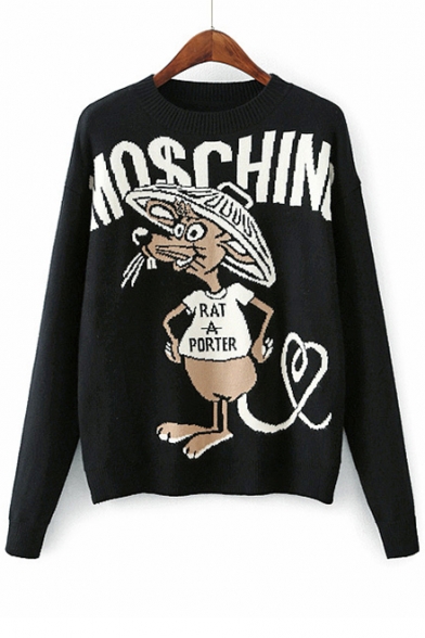 Lovely Cartoon Mouse Letter Printed Round Neck Pullover Comfort Sweater