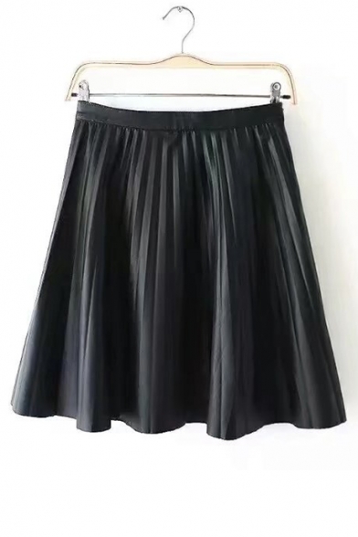 New Arrival Plain Zip Side Mini Pleated PU Skirt