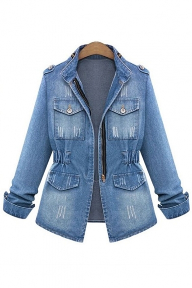 New Collection Retro Ripped Out Stand-Up Collar Denim Jacket