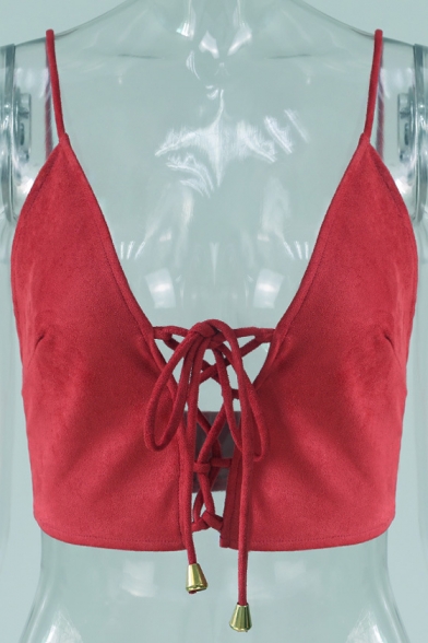 New Collection Sexy Spaghetti Straps Lace-Up Plain Cropped Cami Top