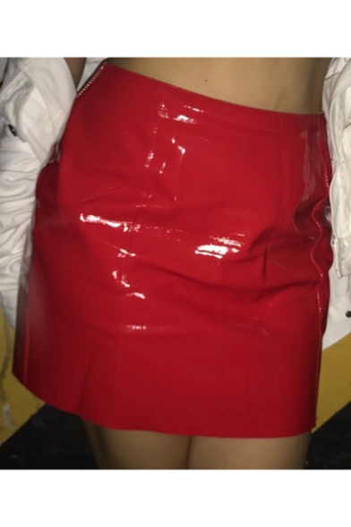 New Fashion High Waist Paint Leather Plain Mini A-Line Skirt