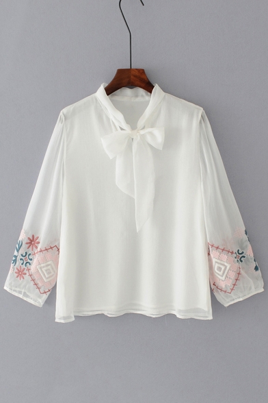New Trendy Bow Tied Collar Long Sleeve Fashion Embroidered Pullover Blouse