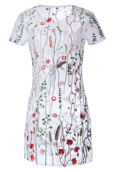 New Trendy Chic Floral Embroidered Round Neck Short Sleeve Sexy Sheer Mesh Cover Up Swimwear