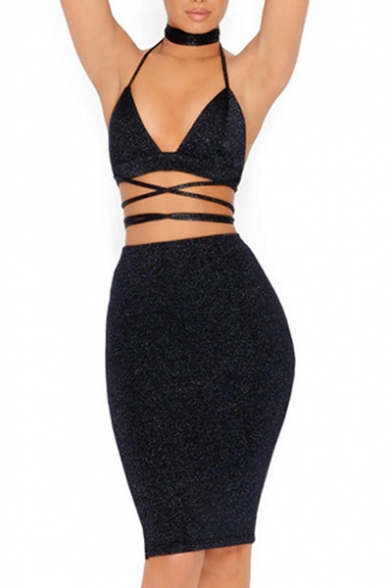New Trendy Halter Neck Backless Hollow Top with Midi Pencil Skirt