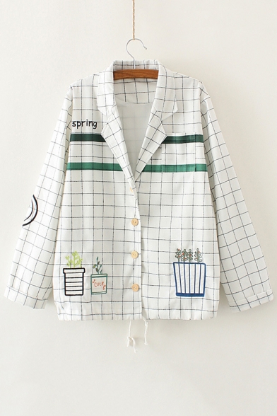 Notched Lapel Plaid Embroidery Plant Single Breasted Coat with One Pocket