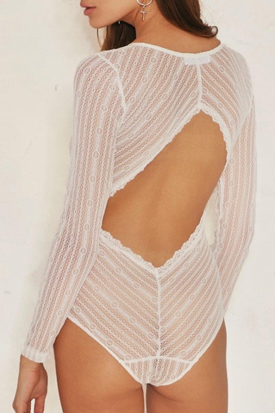 Sexy Plunge Neck Long Sleeve Open Back Hollow Out Plain Bodysuit