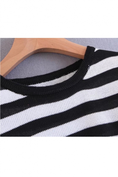 Striped Color Block Knotted Asymmetric Hem 3/4 Length Sleeve Sweater