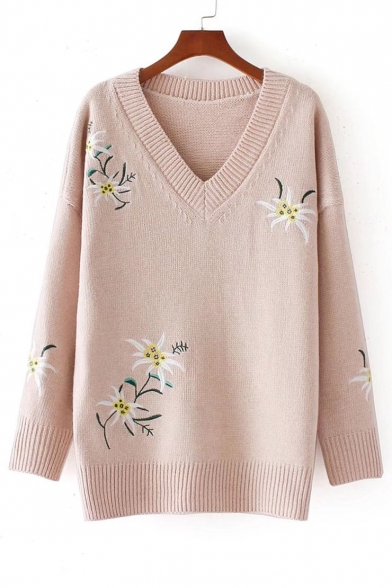 Women's Embroidery Floral Pattern V-Neck Long Sleeve Pullover Sweater