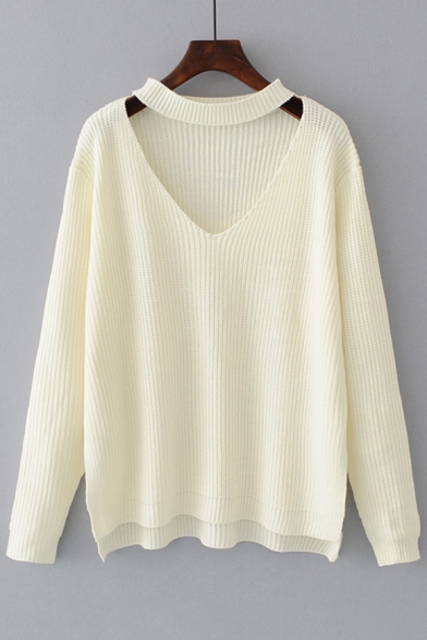 Basic Simple Plain V Neck Long Sleeve High Low Hem Pullover Sweater