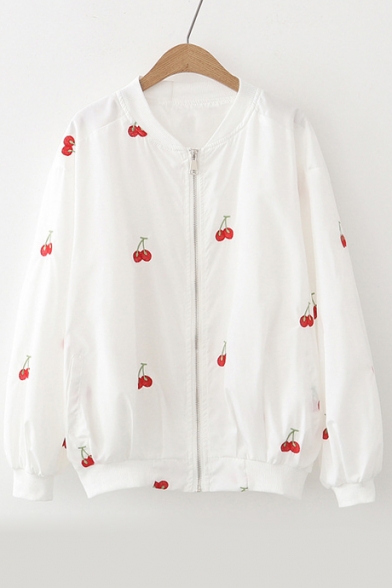 Boyfriend Loose Embroidery Cherry Pattern Stand Up Collar Zip Fly Bomber Jacket