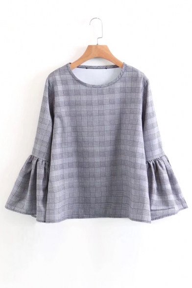 Chic Bell Long Sleeve Round Neck Plaid Blouse