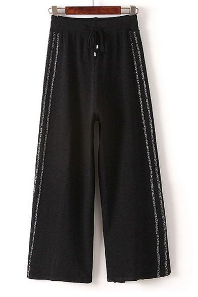 Chic Black Striped Sides Drawstring Waist Knitted Wide Leg Pants