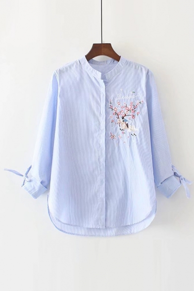 Chic Floral Embroidered Stand-Up Collar Long Sleeve Buttons Down Striped Shirt
