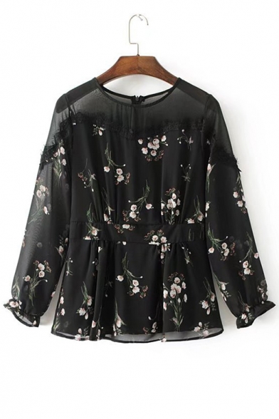 Chic Floral Pattern Round Neck Long Sleeve Lace Inserted Chiffon Blouse
