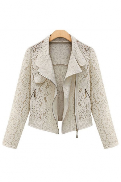 Chic Lace Inserted Stand-up Collar Long Sleeve Plain Zip Up Jacket