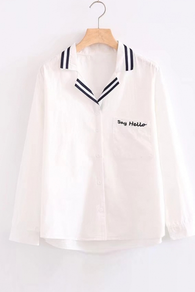 Chic Letter Embroidered Pocket Notched Lapel Collar Long Sleeve Buttons Down Shirt
