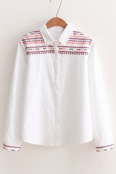 Chic Tribal Print Embroidered Lapel Collar Long Sleeve Buttons Down Shirt