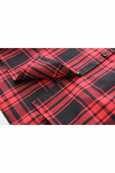 Classic Plaids Pattern Lapel Collar Long Sleeve Cotton Shirt with Single Pocket