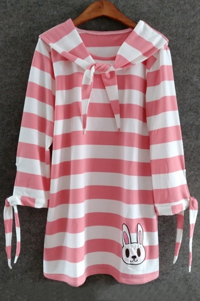 Collared Long Sleeve Striped Pattern Cute Cartoon Rabbit Embroidered Mini Dress