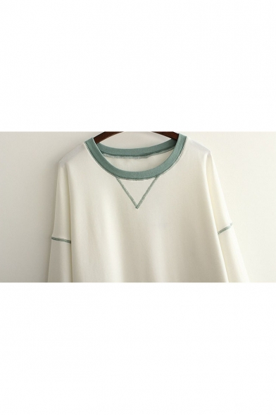 Dropped Long Sleeve Contrast Trim Round Neck Pullover Sweatshirt