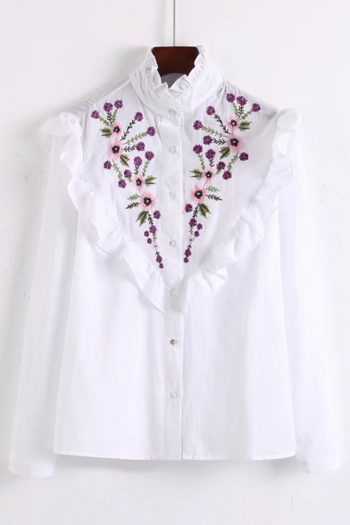 Fashion Floral Embroidered Ruffle Hem Stand-Up Collar Long Sleeve Buttons Down Shirt