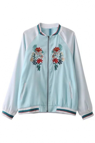 Fashion Floral Embroidered Stand-Up Collar Long Sleeve Baseball Jacket