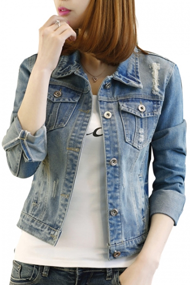 Fashion Ripped Out Plain Lapel Collar Long Sleeve Buttons Down Denim Jacket