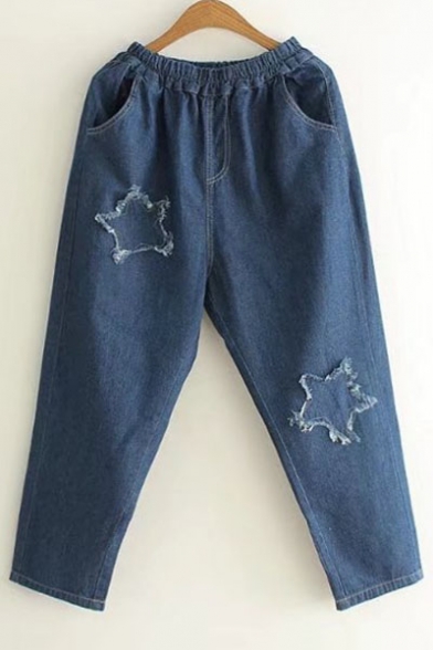 Fashion Ripped Pentacle Pattern Elastic Waist Plain Jeans