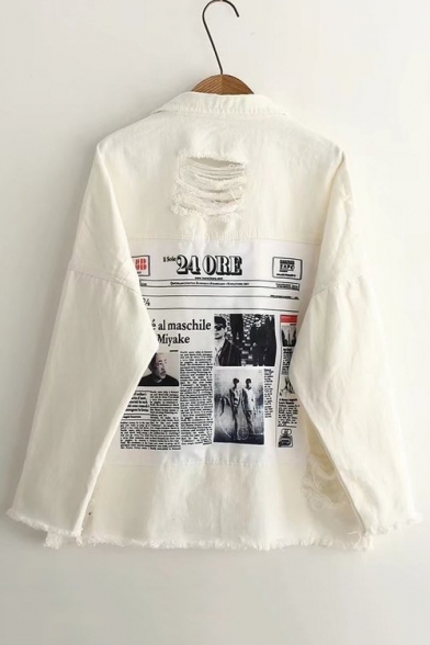Funny Newspaper Layout Printed Back Ripped Lapel Single Breasted Denim Jacket