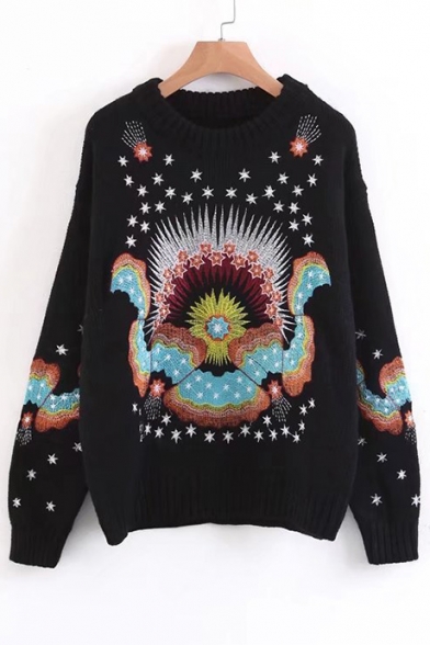 New Arrival Chic Embroidered Long Sleeve Round Neck Pullover Sweater
