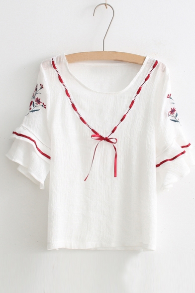 New Arrival Cute Bow Embellished Round Neck Floral Embroidered Short Sleeve T-Shirt