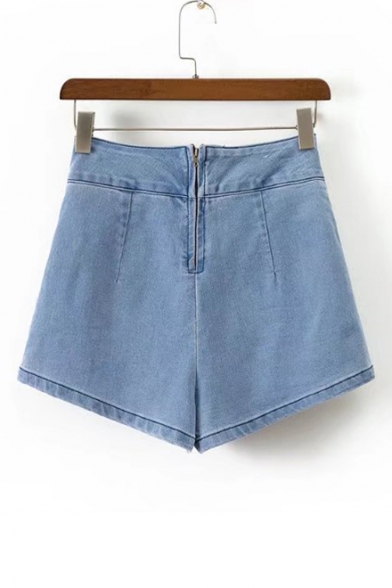 New Collection High Waist Lace-Up Zip Up Simple Plain Loose Denim Shorts